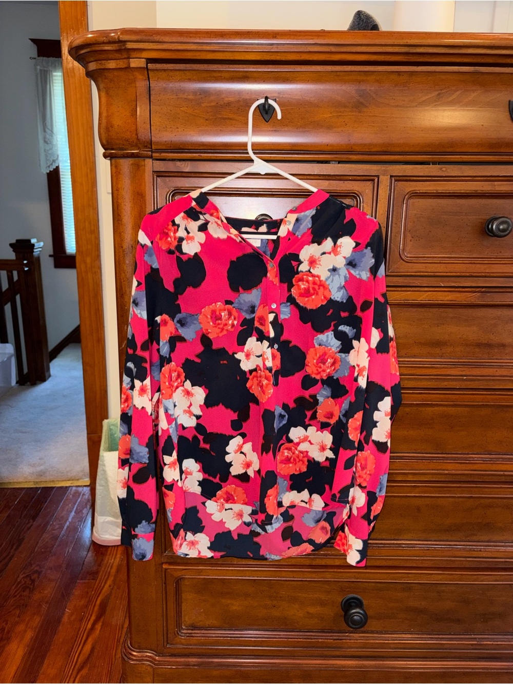 J.Crew Floral Popover Blouse Size Medium Pink Black Long Sleeve Top